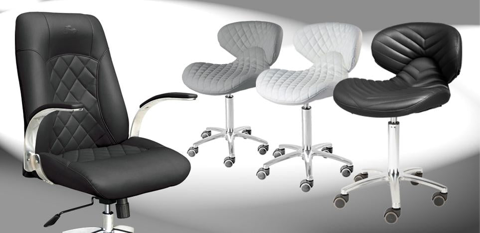Ergonomic salon technician stool and adjustable client seating for nail salons.