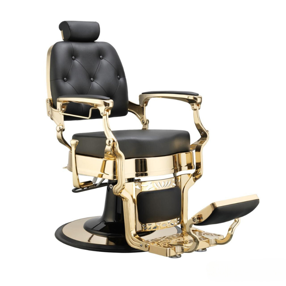 Reclining heavy-duty hydraulic barber chair with adjustable headrest for shaving services.