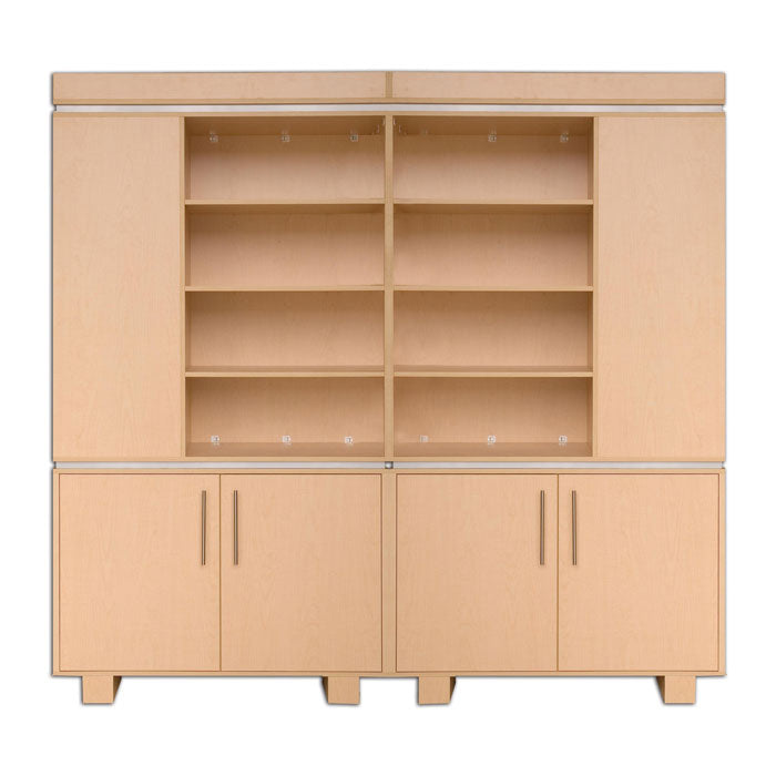 Salon retail showcase cabinet with shelves and cabinets displaying retail beauty products.