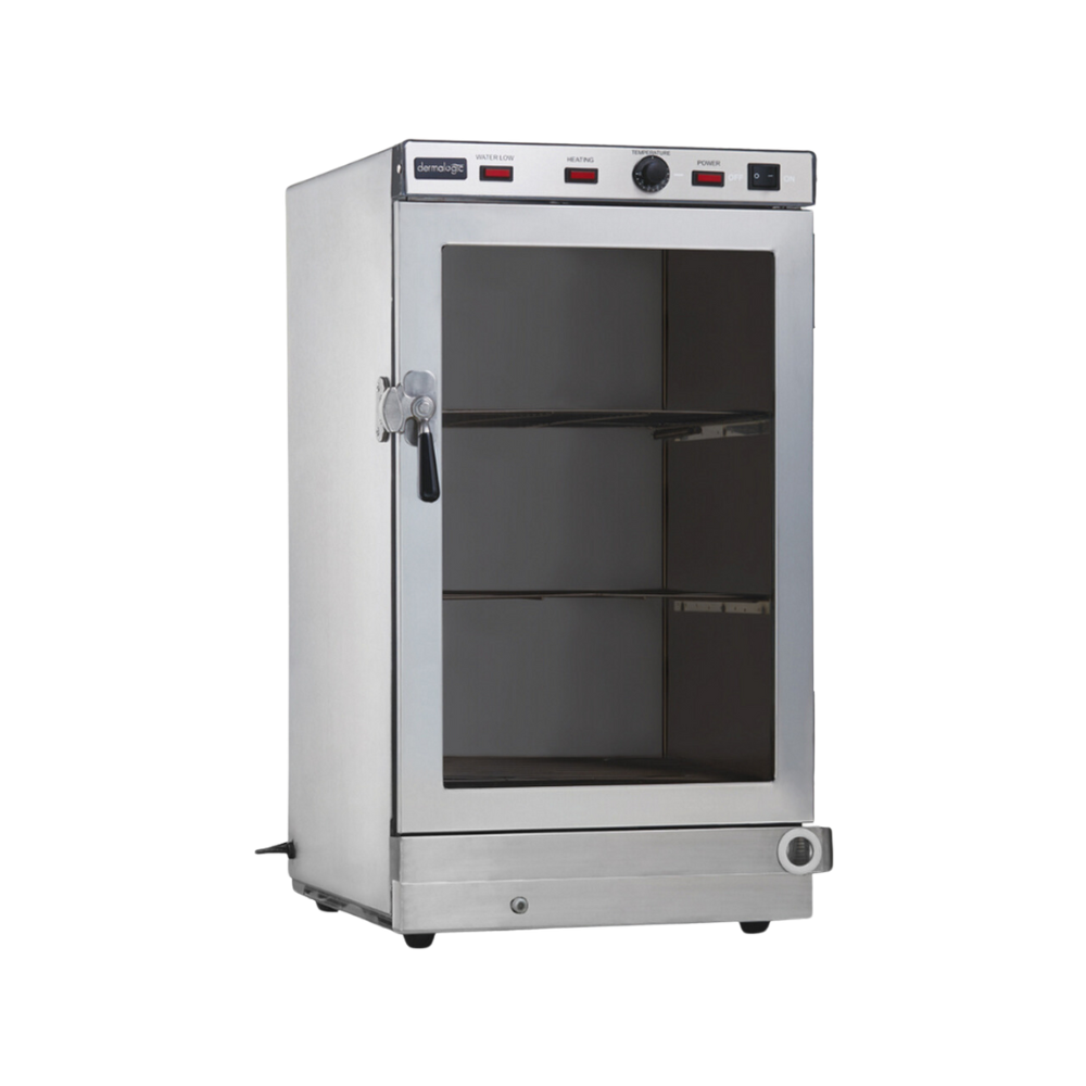 Professional electric salon towel steamer cabinet filled with steamed rolled towels.