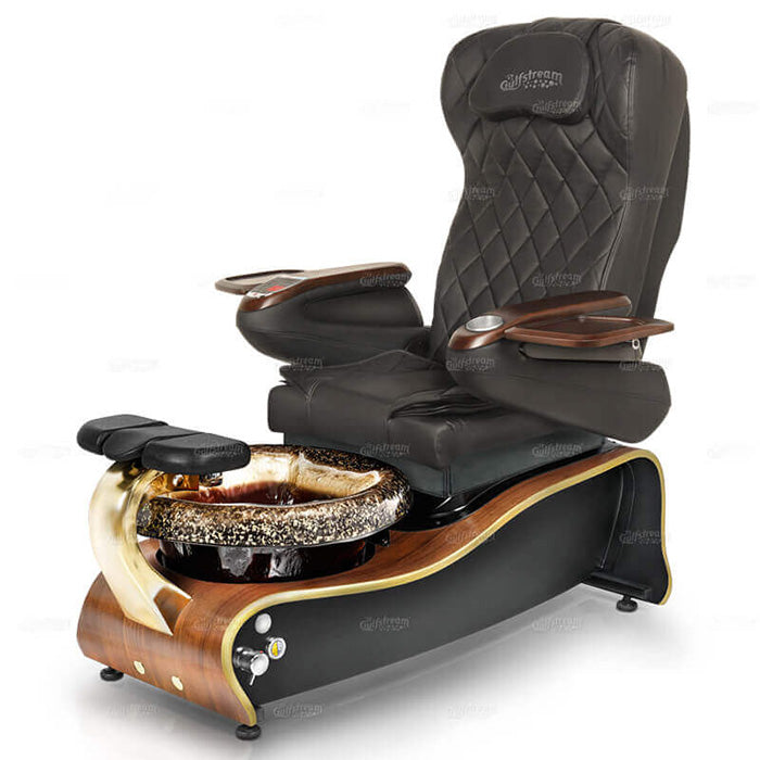 Gulfstream spa pedicure chair featuring glass bowl basin and curvy wood base.