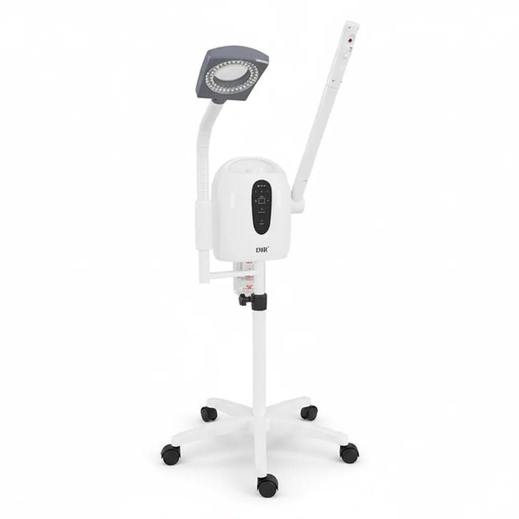 DIR MicroMisty 3-in-1 Professional Facial Steamer with LED Magnifying Lamp and rolling base for medical spa and esthetician treatments.