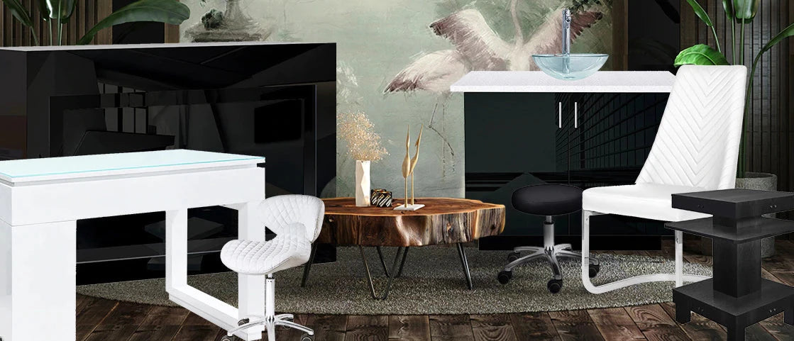 Wholesale nail salon furniture set featuring manicure tables and reception desks.