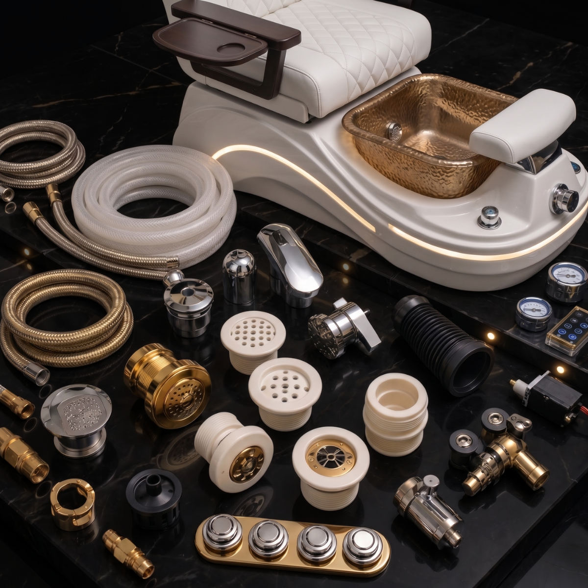 Wholesale pedicure spa chair parts including jet motors, leather upholstery, remote controls, main PC boards, plumbing components, and drain pumps