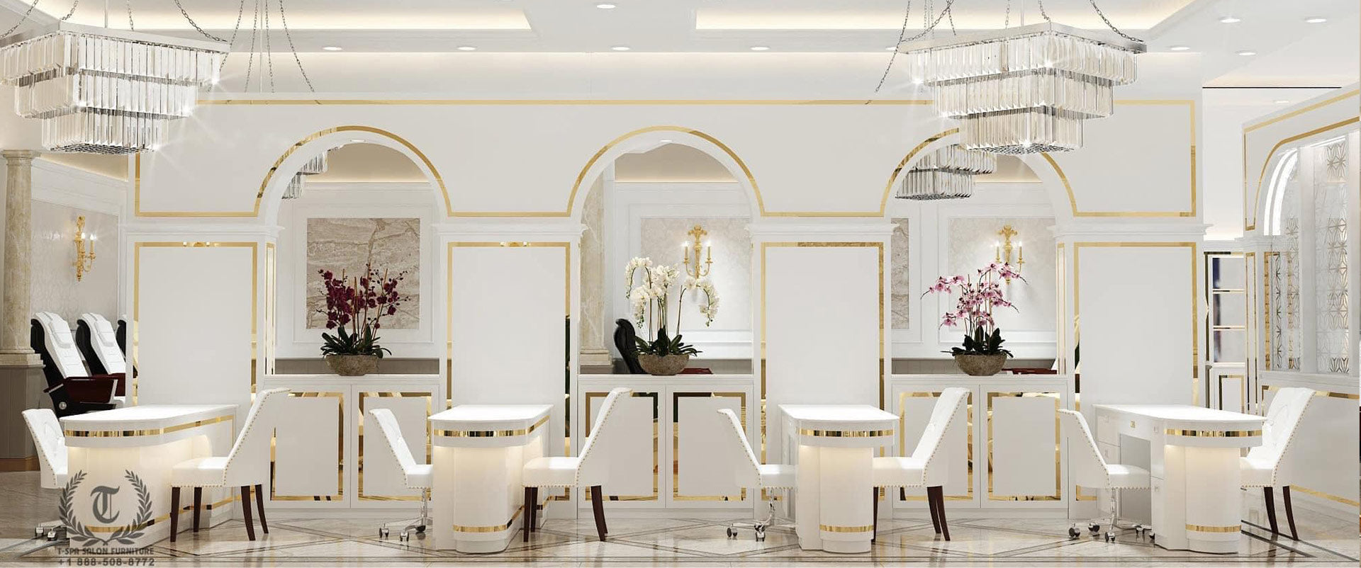 T-Spa nail salon collection featuring luxury manicure nail tables, customer and technician chairs.