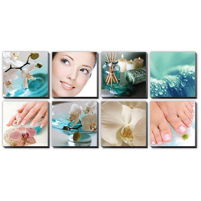 Dream Ensemble Canvas Mural: Large framed salon canvas mural with tropical lotus design hanging in a luxury spa room.