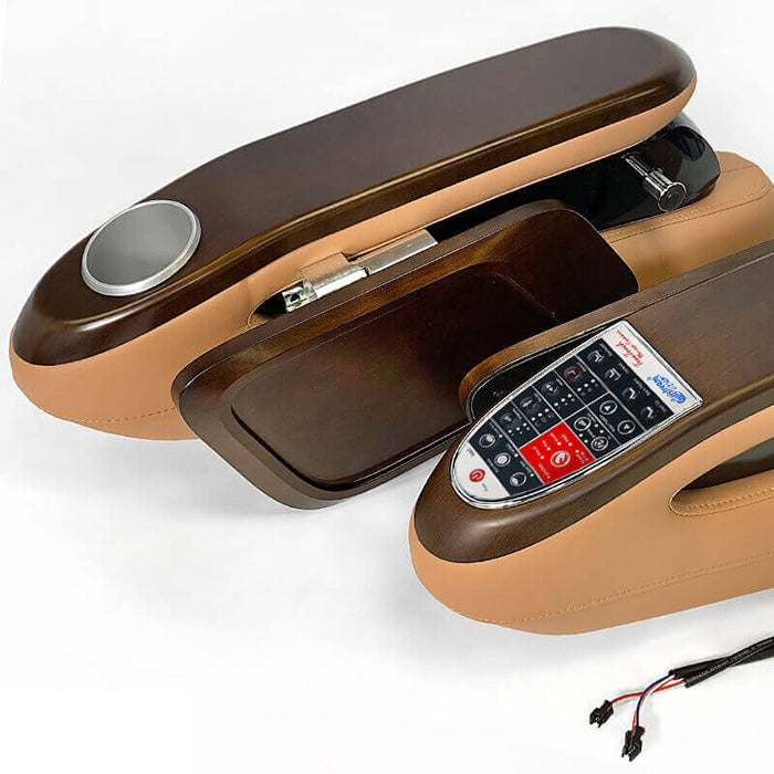 Replacement pedicure spa chair armrest assembly with wooden manicure tray and locking latch.