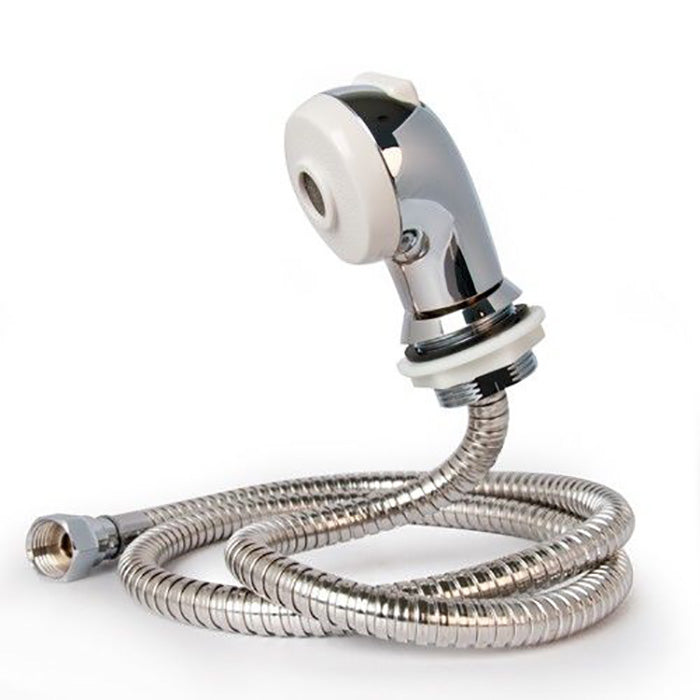 Plumbing parts for pedicure spa chairs, including P-traps, stoppers, shower heads, and hoses