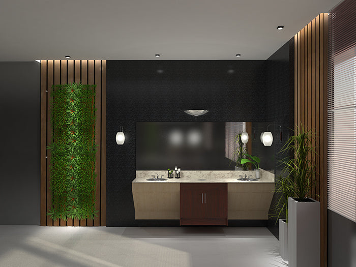 Acetone-resistant nail salon sink cabinet counter with gel coat finish and decorative water feature.