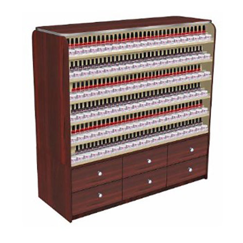 Professional nail polish and dip powder display rack for salon reception area.