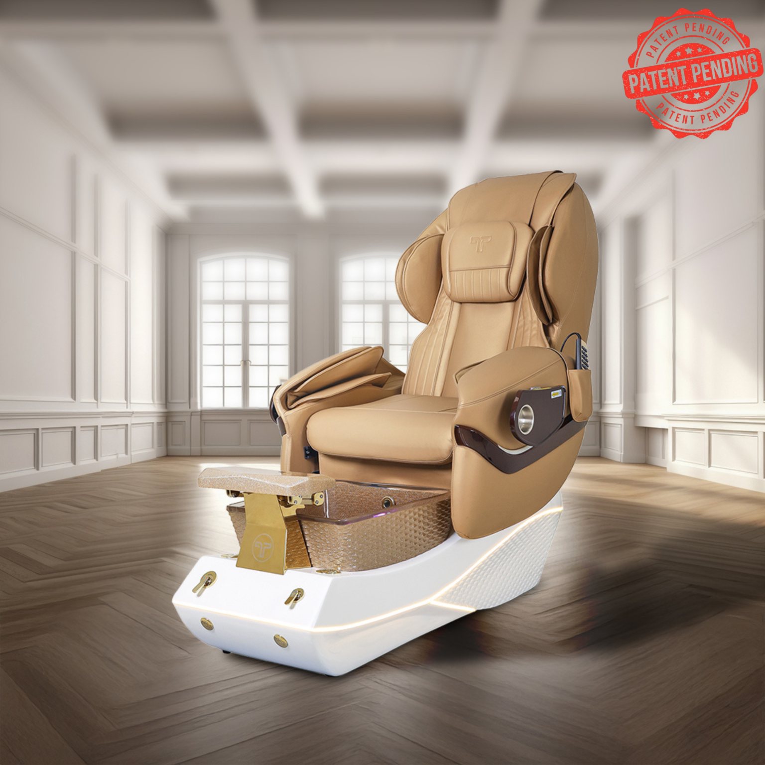Modern T-Spa pedicure chair in a professional nail salon setting.