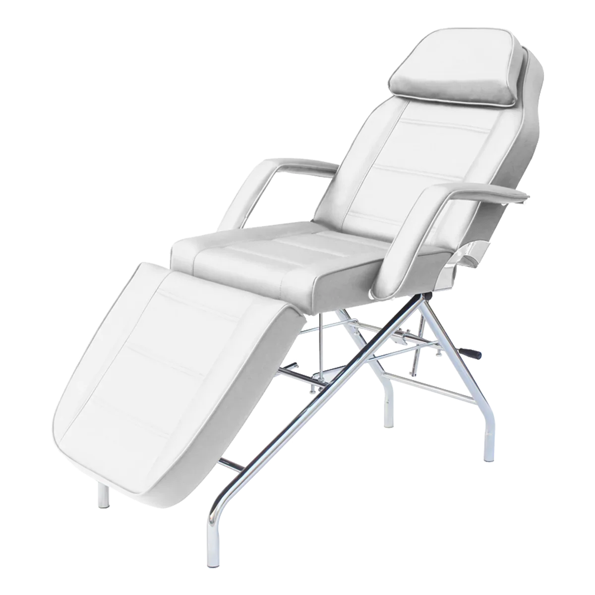 Professional facial and massage bed with adjustable height and plush white upholstery.