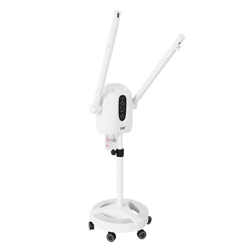 DIR white professional esthetician facial steamer featuring dual adjustable arms, a digital control panel, and a mobile rolling base.