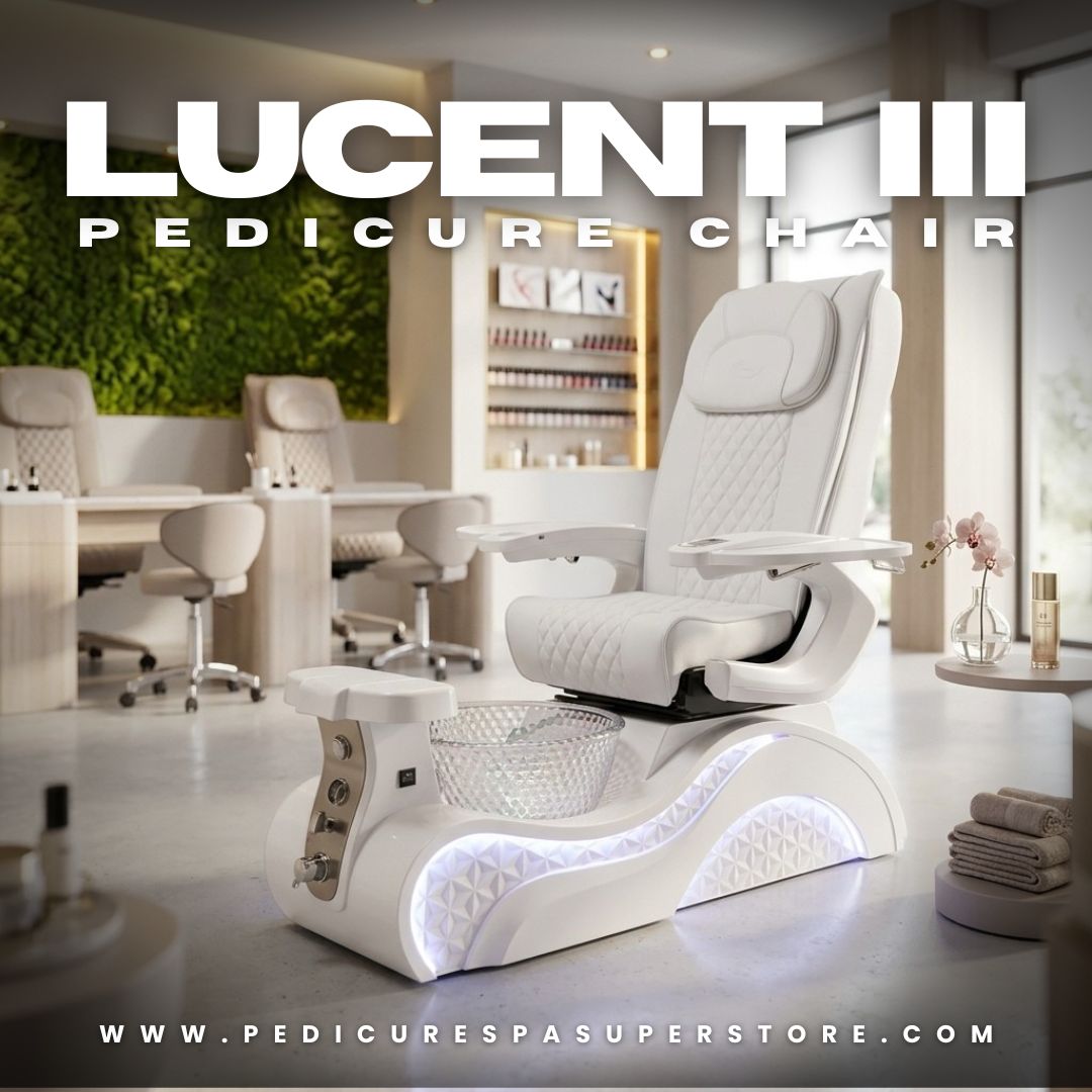 Lucent III Pedicure Chair in white leather with diamond stitching, glass spa bowl, and LED illuminated base in a modern nail salon setting.