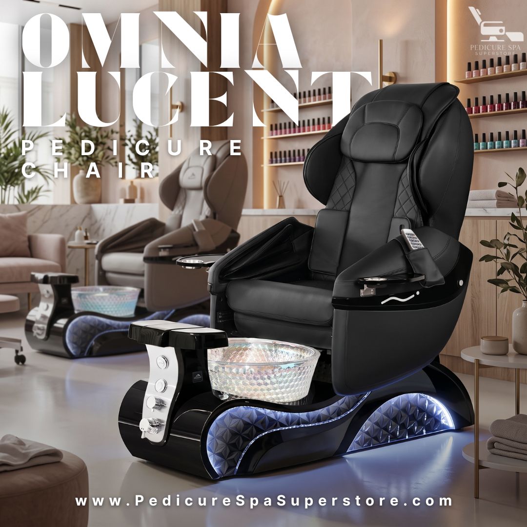 Modern Omnia Lucent salon pedicure spa chair featuring black massage seat, textured LED lighted base, and iridescent glass bowl
