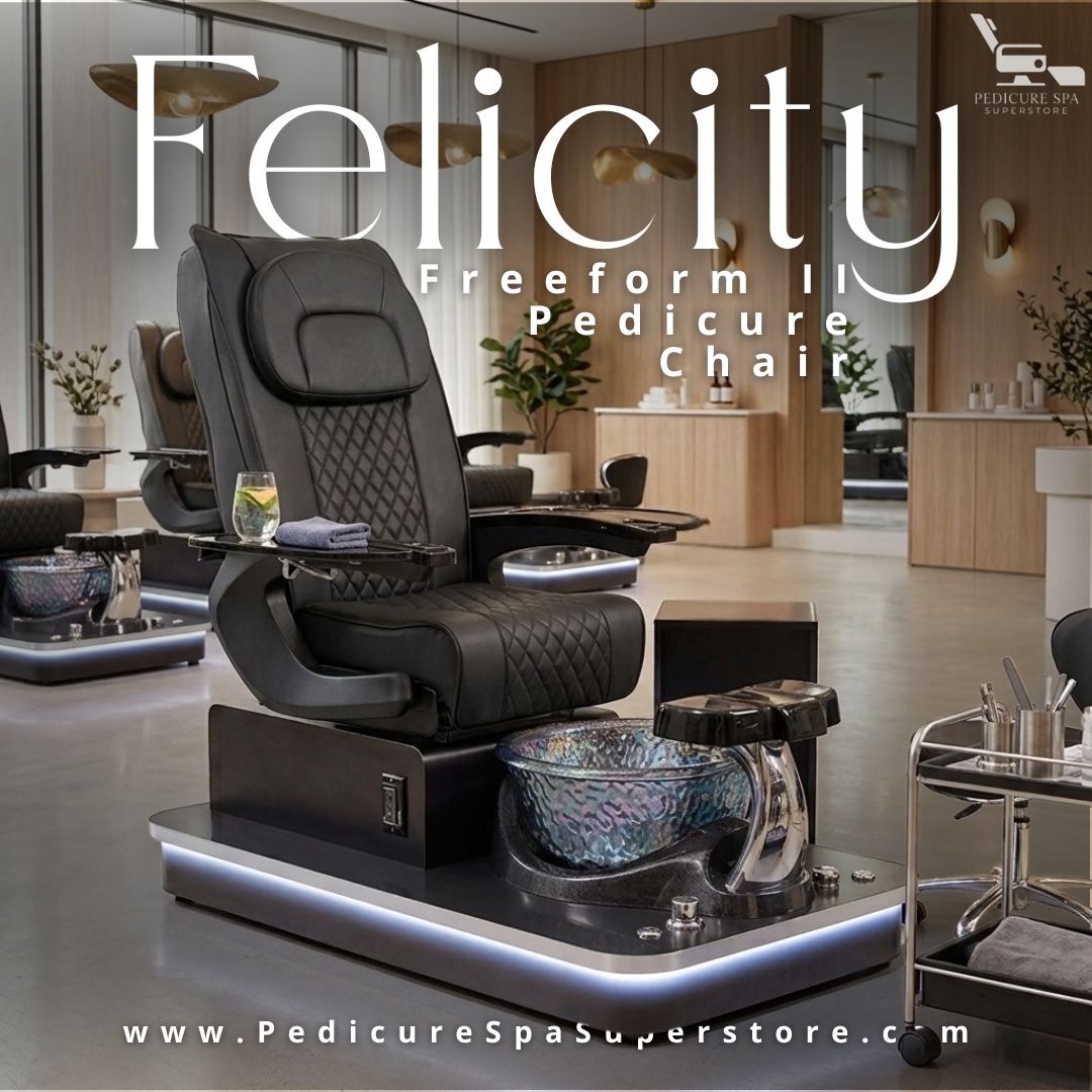 Modern Felicity Freeform II spa pedicure chair featuring black quilted upholstery, adjustable footrest, LED lit platform, and glass pedicure bowl in a luxury nail salon.