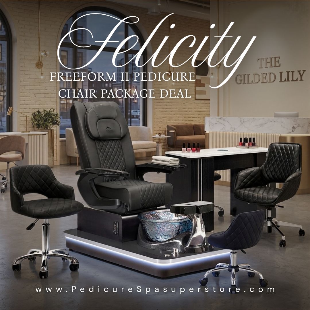 Felicity Freeform II pedicure spa chair package deal with manicure table and technician chairs in a luxury salon setting.