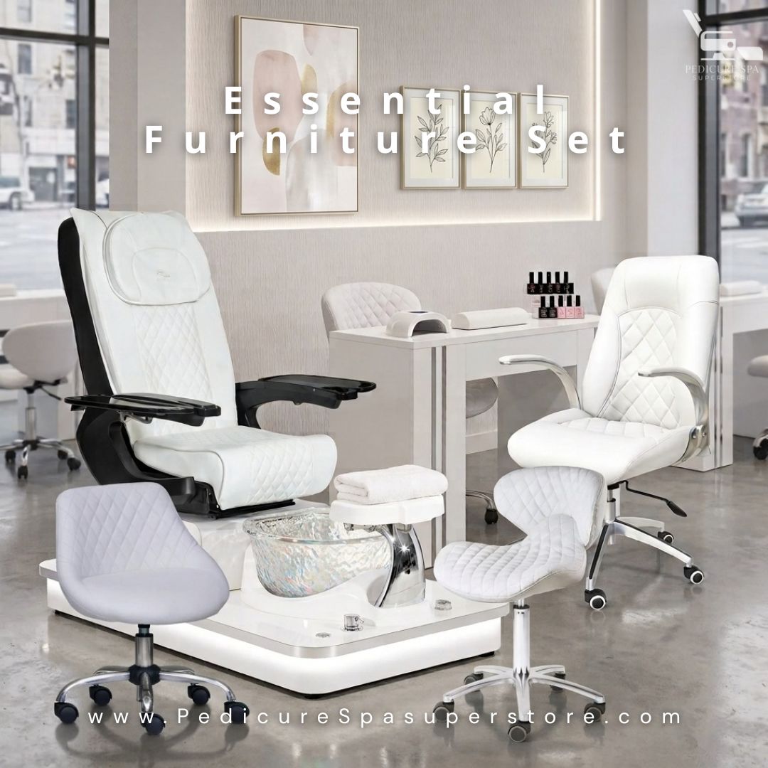 White modern salon furniture set featuring a pipeless pedicure spa chair with glass basin, manicure table, client chair, and rolling technician stools.