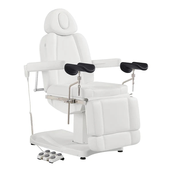 Professional White electric medical and spa procedure chair with adjustable armrests, leg rests, and a foot remote control, isolated on a white background.