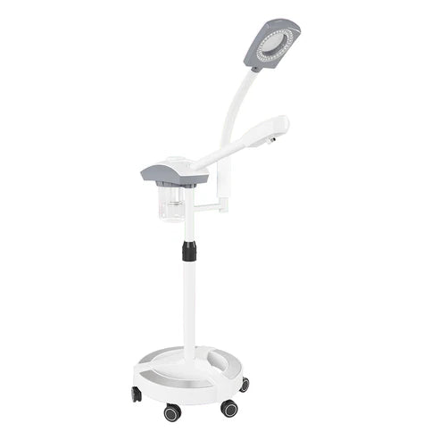 Professional white and grey face steamer with an integrated LED magnifying glass with light on a height-adjustable wheeled base.