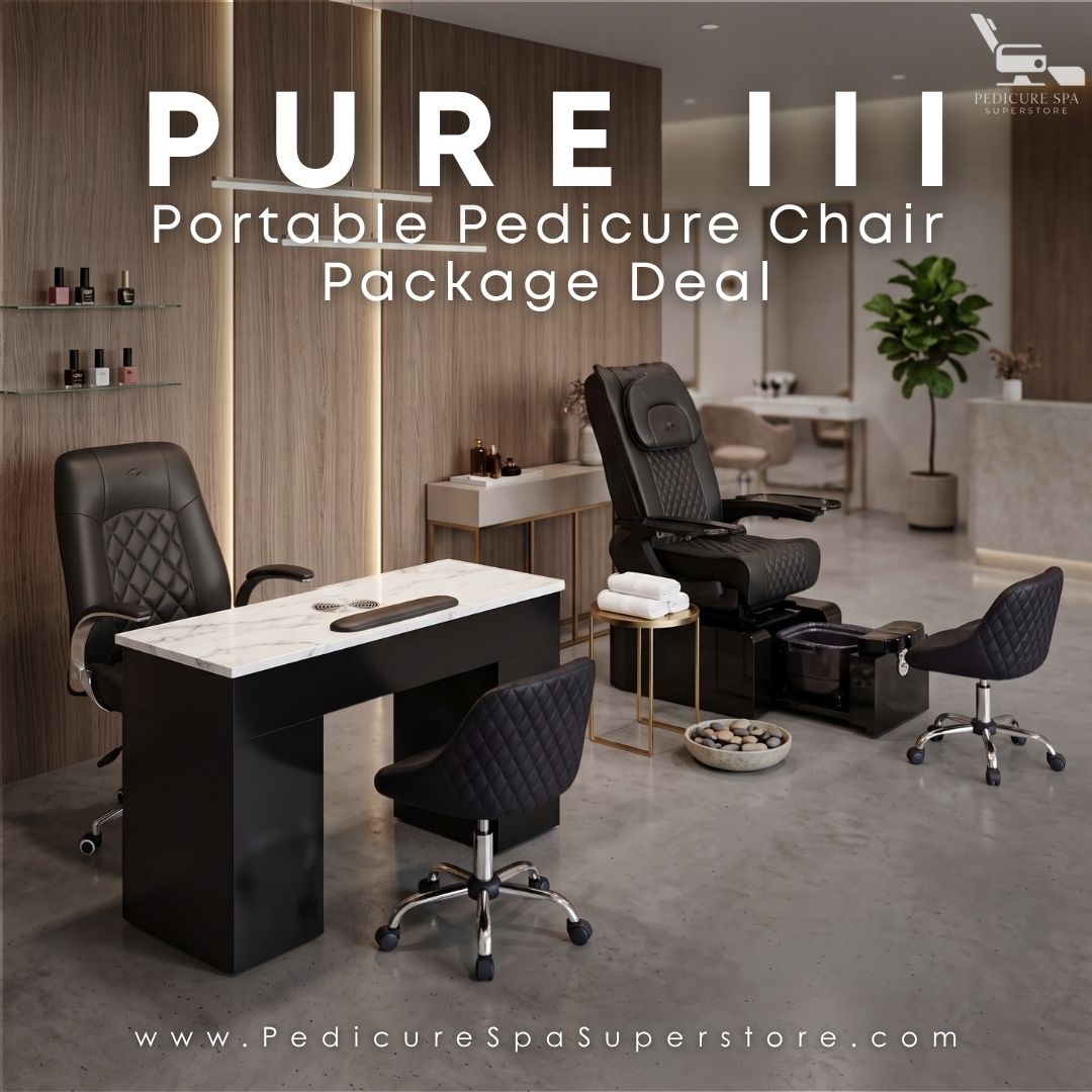 displays the Pure III Portable Pedicure Chair Package Deal. The setup features modern salon furniture, including a black, diamond-quilted reclining pedicure chair with a foot bath, a matching black manicure table with a white marble-style countertop, and two black quilted technician stools.