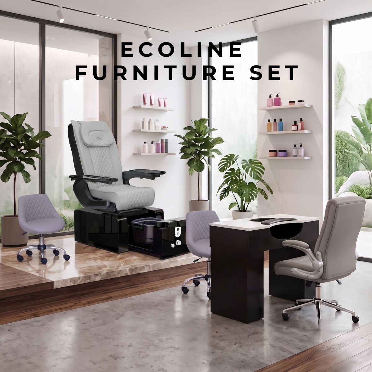 Ecoline Furniture Set in a modern nail salon, featuring a light grey diamond-stitched pedicure chair, a black and white manicure table, and matching rolling technician stools.
