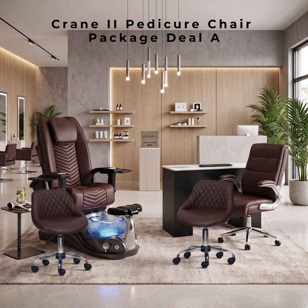 Crane II Pedicure Chair Package Deal A featuring a brown leather pedicure chair with chevron stitching, an illuminated blue glass bowl, a matching manicure chair, and two diamond-quilted rolling stools in a luxury salon setting.
