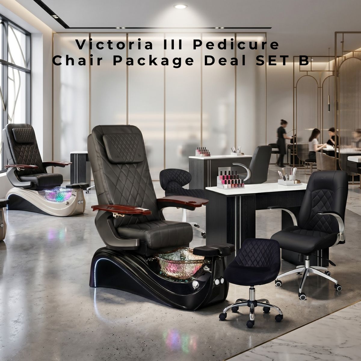 Pedicure Chair Package Deal Set B with black diamond-quilted leather pedicure chair, iridescent glass bowl, matching manicure table, black customer chair, and matching technician stools in a modern nail salon.