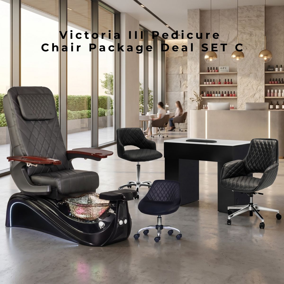 Victoria III Pedicure Chair Package Deal Set C featuring a black diamond-stitch pedicure chair with glass bowl, a matching black nail table, two quilted technician chairs, and a low pedicure stool in a modern salon setting.