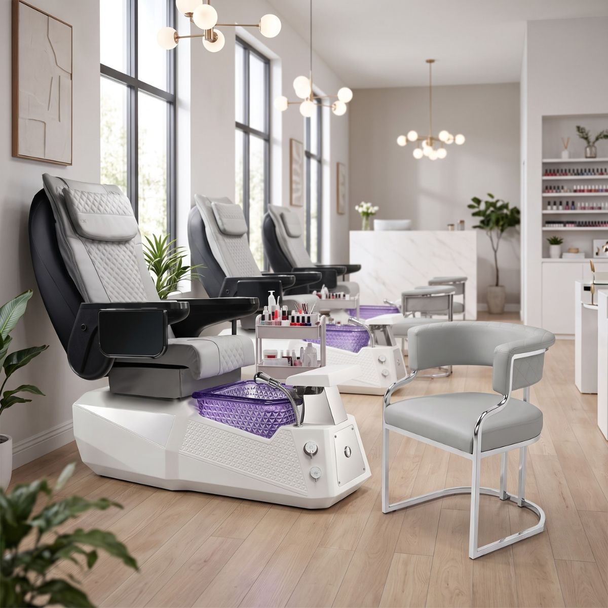 Toepia DM Pedicure Chair with white geometric base and purple bowl, shown next to the grey YL Glide Salon Customer Chair in a luxury nail salon.