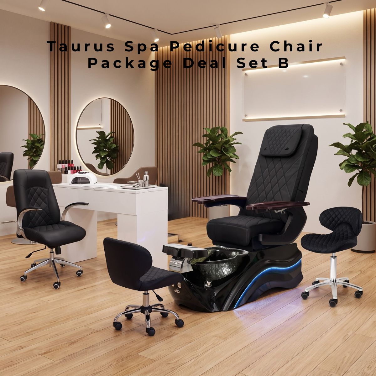 Taurus Spa Pedicure Chair Package Deal Set B featuring a luxury black quilted pedicure chair with a dark basin, a white manicure table, and matching black rolling chairs in a modern salon.