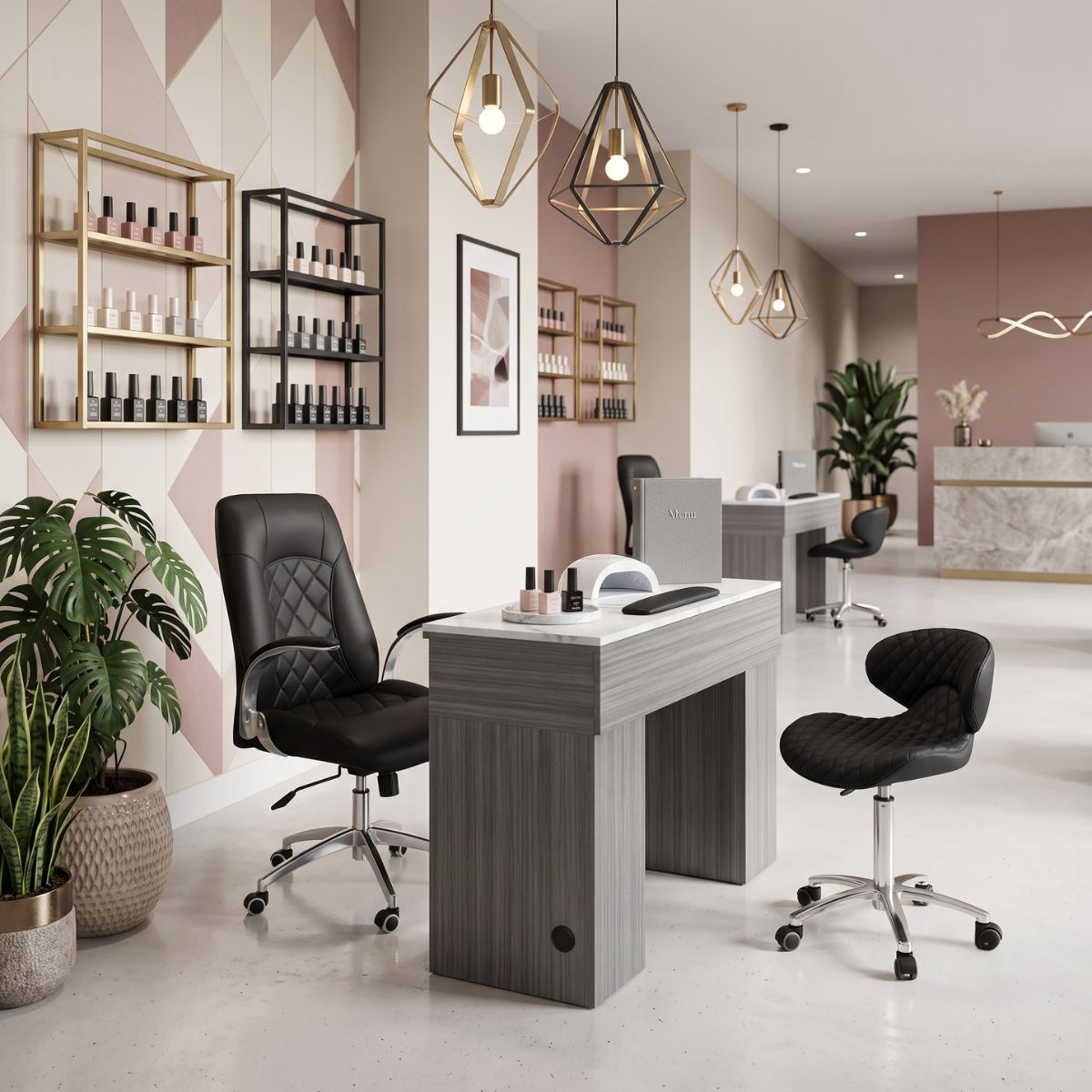 Grey wood manicure table with black quilted rolling chairs in a modern nail salon.