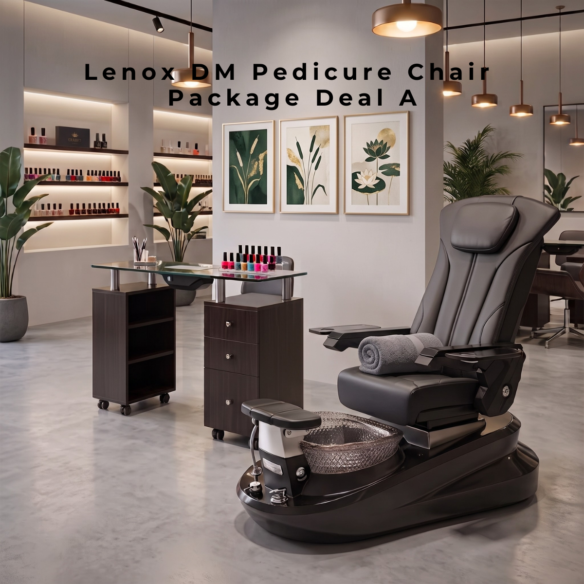 Black Lenox DM Pedicure Chair Package Deal A featuring a luxury pedicure spa chair with a glass basin and a matching dark wood manicure table in a modern salon interior.