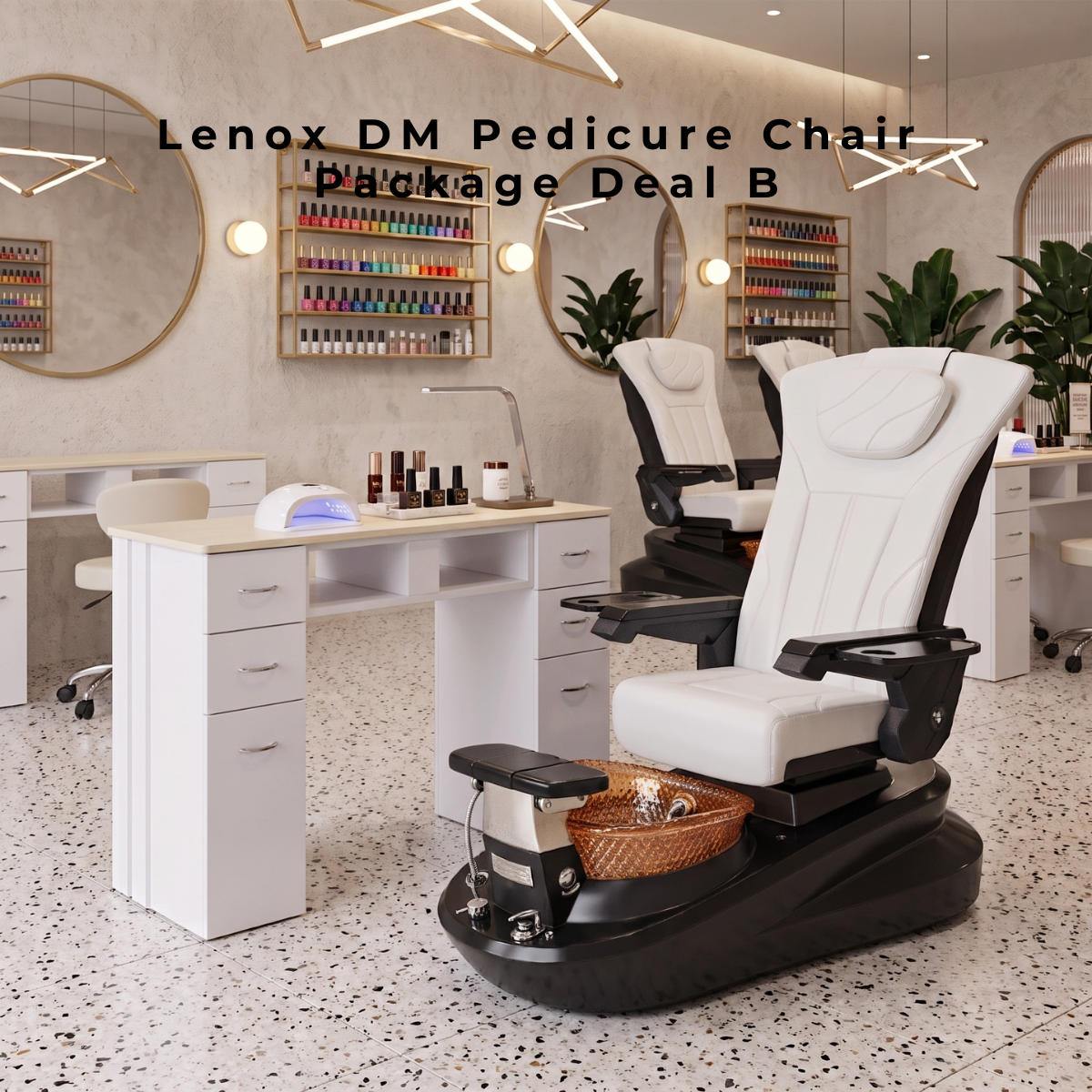 Lenox DM Pedicure Chair Package Deal B featuring a modern white and black pedicure spa chair with an amber glass bowl, displayed next to a white manicure table in a contemporary nail salon.