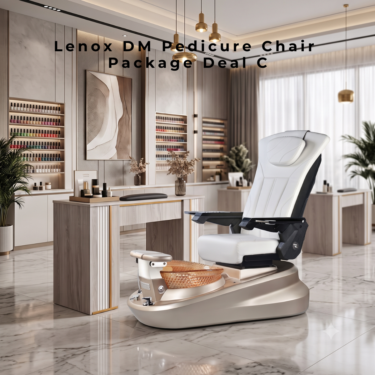 An elegant nail salon setting displaying the Lenox DM Pedicure Chair Package Deal C. The chair has plush white cushioning, black armrests, and sits on a sleek, champagne-toned base with a textured, glowing amber foot bath. A manicure desk and shelves of nail polish are visible in the background.