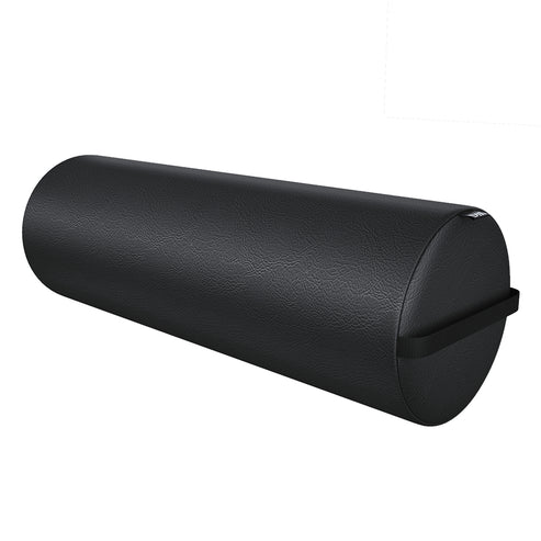 DIR Full Round Bolster Pillow in black faux leather, premium under-knee and orthopedic lumbar support cushion for chiropractic and massage tables.