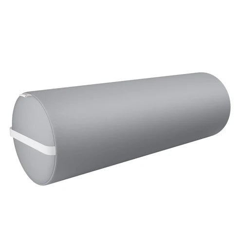 DIR Full Round Bolster Pillow in Gray faux leather, premium under-knee and orthopedic lumbar support cushion for chiropractic and massage tables.