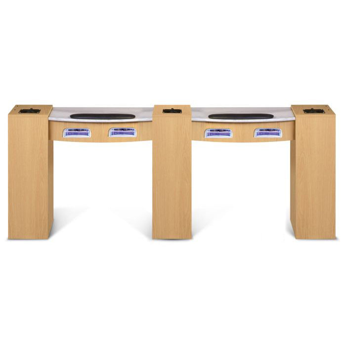 Classic Double Manicure Nail Table with UV Gel Lights Natural wood color. Comes with 3 other customized colors. Shared middle column. The Classic Double Nail Table with UV Gel Lights ships on 1 pallet.