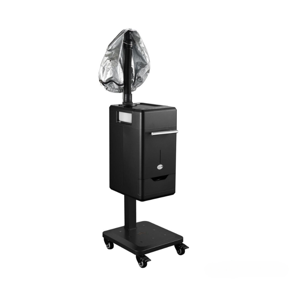 Professional ionic hooded hair dryer with rolling stand for salon processing.