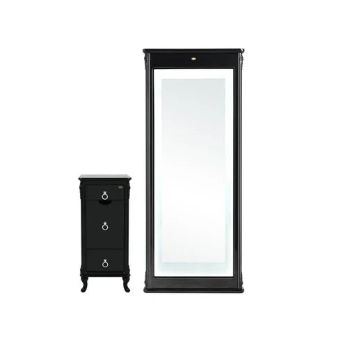 Modern salon styling station equipped with mirror, drawers, and appliance holders.