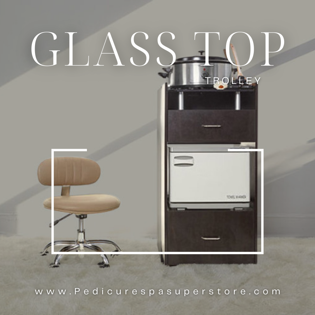 Salon rolling trolley with built-in hot tool holders and heavy-duty casters.