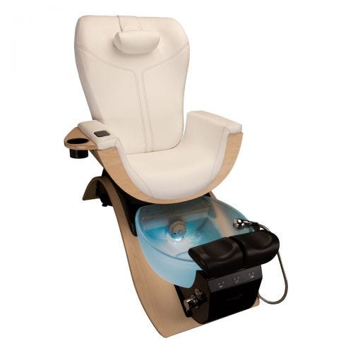 Continuum Maestro pedicure spa chair featuring hand-crafted wood veneer and glass basin.