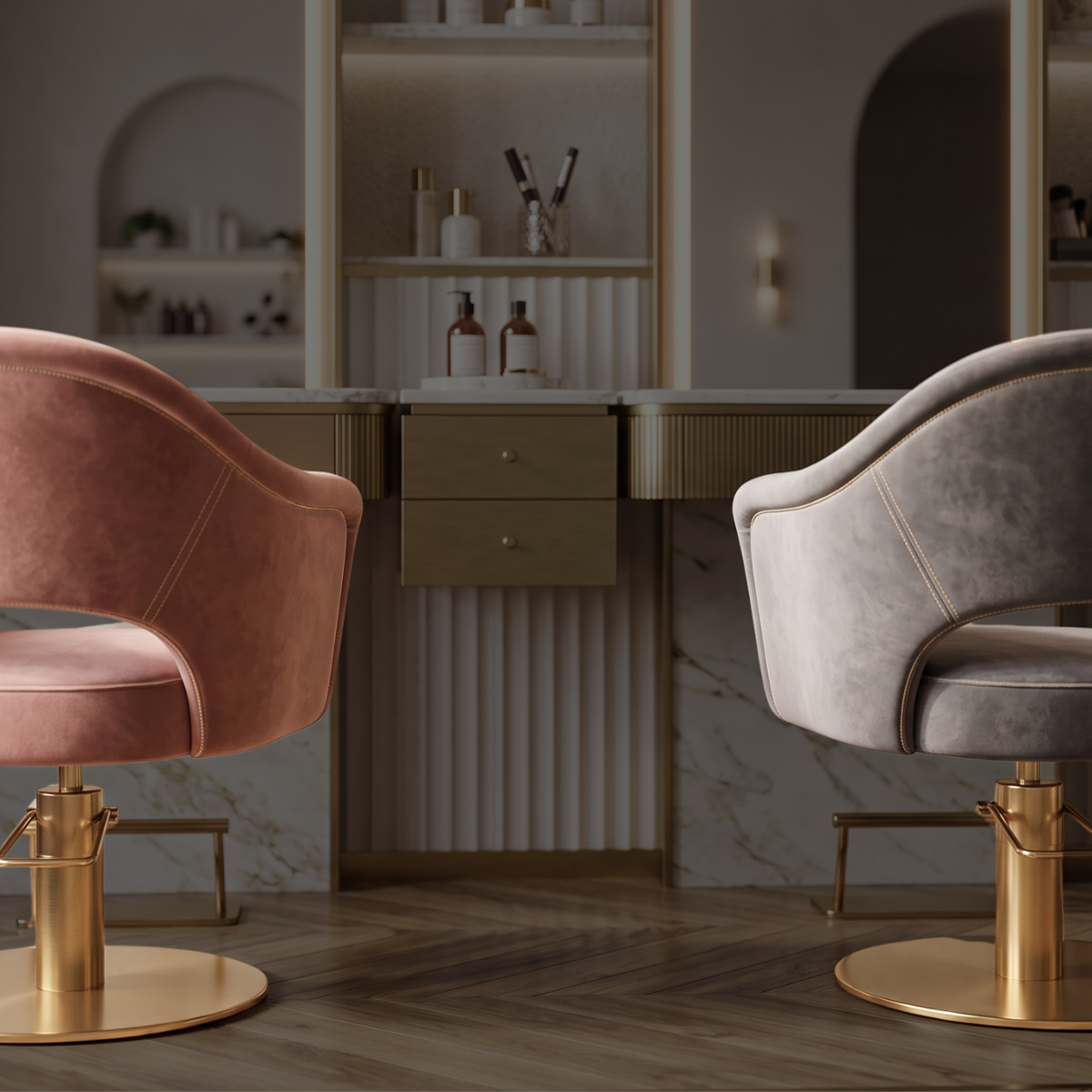Modern hair salon equipment setup featuring hydraulic styling chairs and salon chairs.