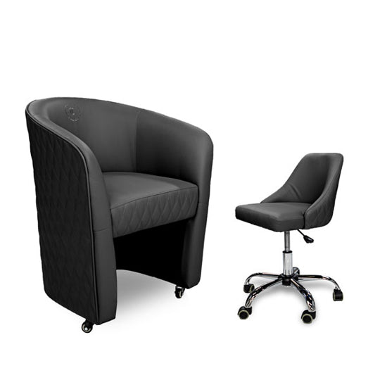 Color-matched salon customer chair and technician stool bundle package.