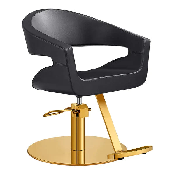 Modern hydraulic salon styling chair alongside a reclining all-purpose salon chair.