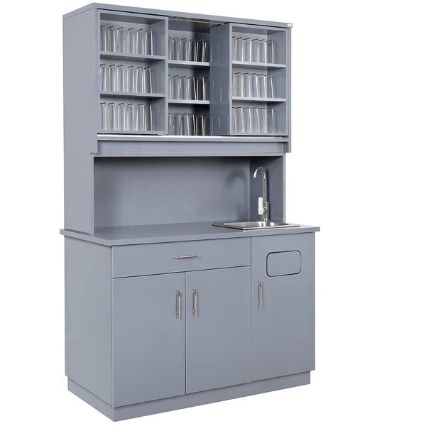 Modern salon hair workstation equipped with appliance holders and storage drawers.
