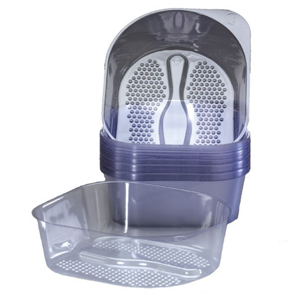 Clear plastic disposable pedicure liner fitted securely over a glass pedicure spa bowl.