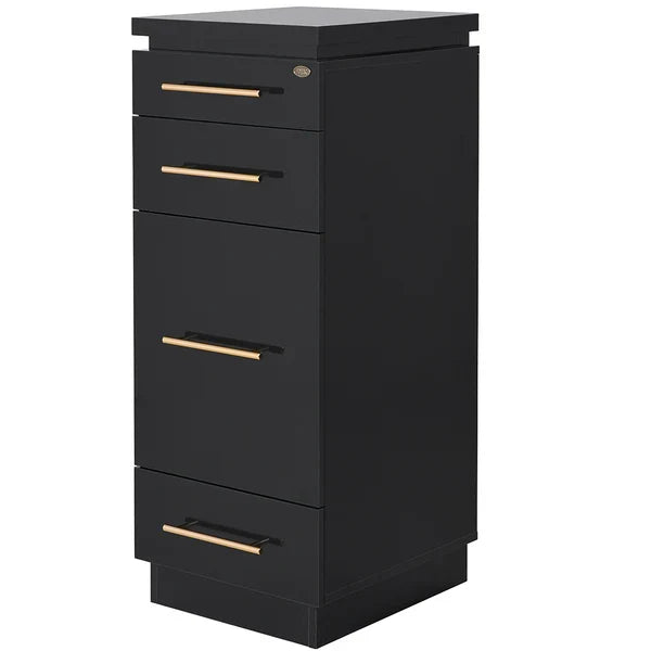 Modern salon styling station cabinet with built-in tool holders and storage drawers.