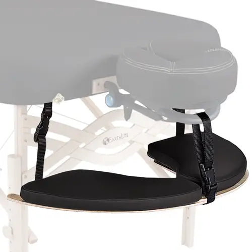 Hanging front arm rest shelf attached to a face cradle on a portable massage table.