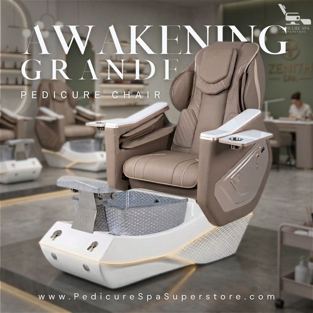 Awakening Grande Pedicure Chair with taupe leatherette upholstery, LED illuminated white base, and textured pedicure basin in a luxury salon background.